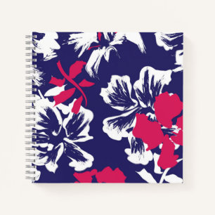 Trendy Tropical Abstract Blue Red Floral Pattern Notebook