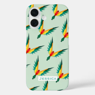 Trendy Tropical Bird Pattern Blue Personalised iPhone 16 Case