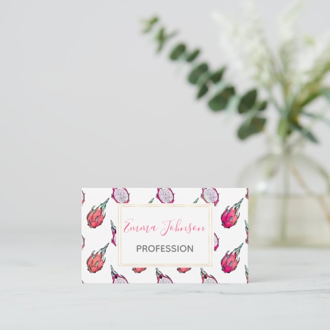 Trendy Tropical Dragon Fruit Halves White Pattern Business Card (Standing Front)