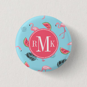 Trendy Tropical Flamingo & Watermelon Pattern 3 Cm Round Badge
