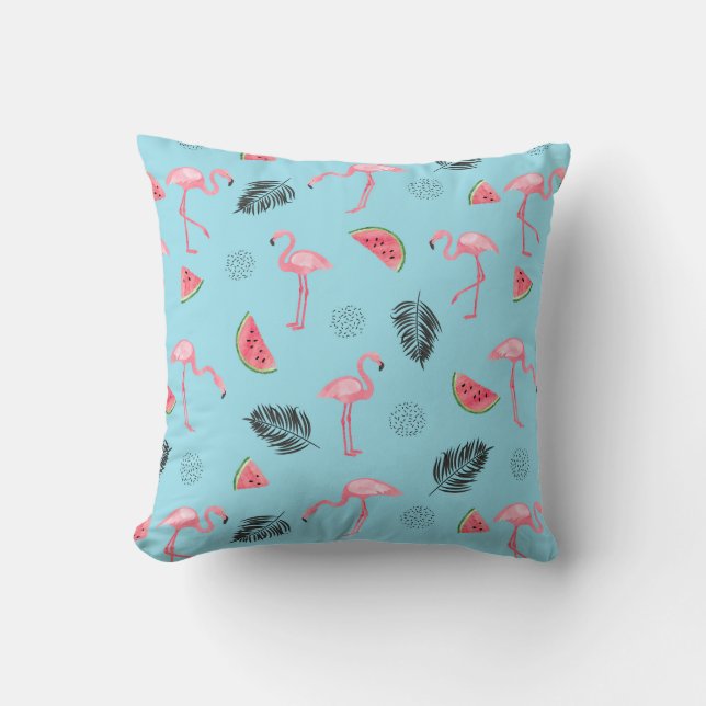 Trendy Tropical Flamingo & Watermelon Pattern Cushion (Front)