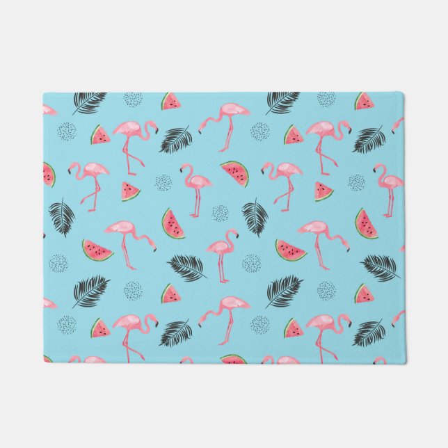 Trendy Tropical Flamingo & Watermelon Pattern Doormat (Front)