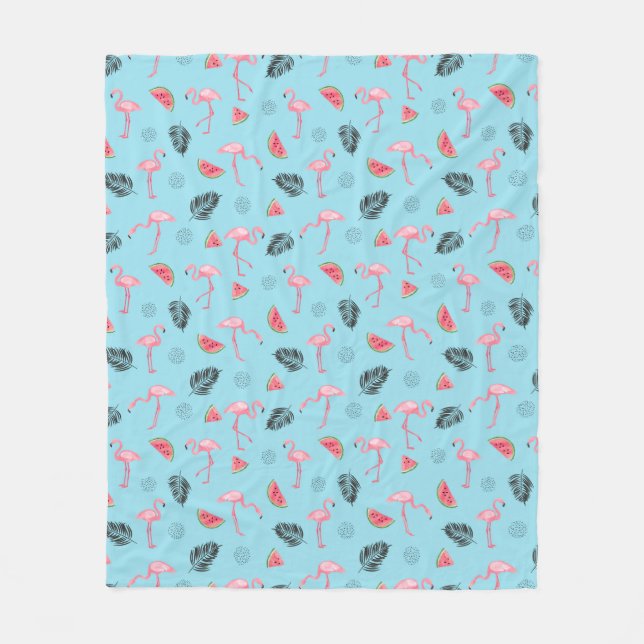 Trendy Tropical Flamingo & Watermelon Pattern Fleece Blanket (Front)