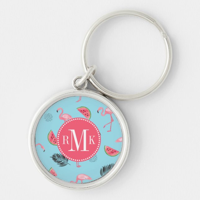 Trendy Tropical Flamingo & Watermelon Pattern Key Ring (Front)