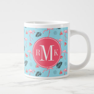 Trendy Tropical Flamingo & Watermelon Pattern Large Coffee Mug