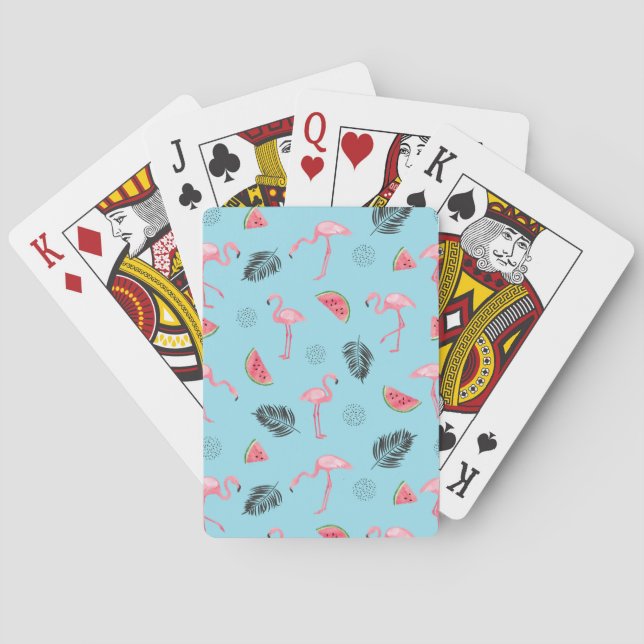 Trendy Tropical Flamingo & Watermelon Pattern Playing Cards (Back)