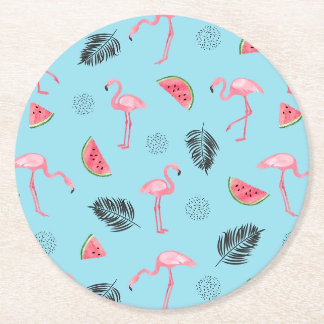 Trendy Tropical Flamingo & Watermelon Pattern Round Paper Coaster (Front)