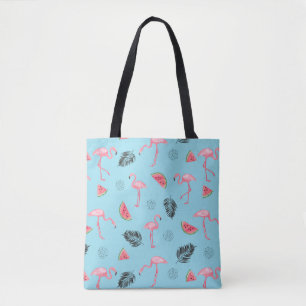 Trendy Tropical Flamingo & Watermelon Pattern Tote Bag