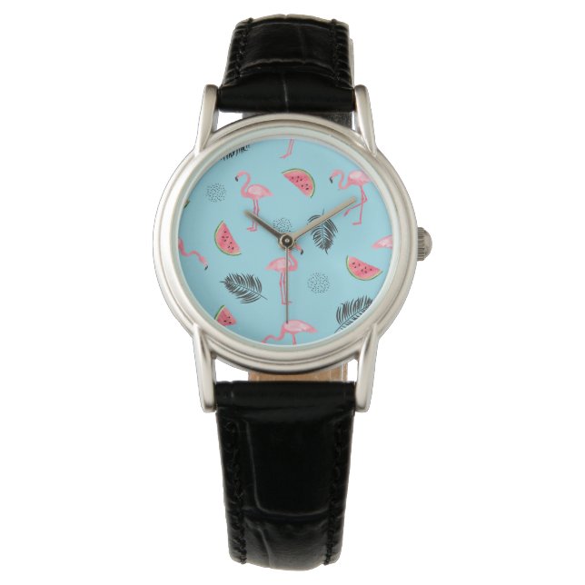 Trendy Tropical Flamingo & Watermelon Pattern Watch (Front)