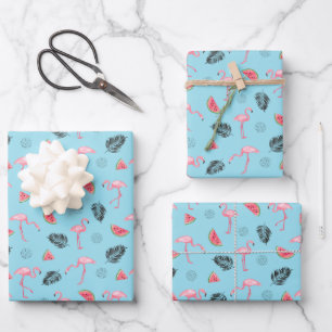 Trendy Tropical Flamingo & Watermelon Pattern Wrapping Paper Sheet