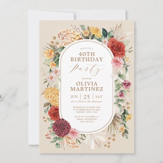Trendy Tropical Flowers Rustic Pampas Birthday Invitation (Front)
