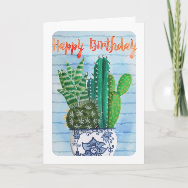 Trendy tropical green & blue Cactus Birthday Card (Front)