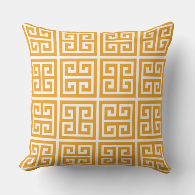 Trendy Tropical Orange Greek Key Pattern Cushion (Front)