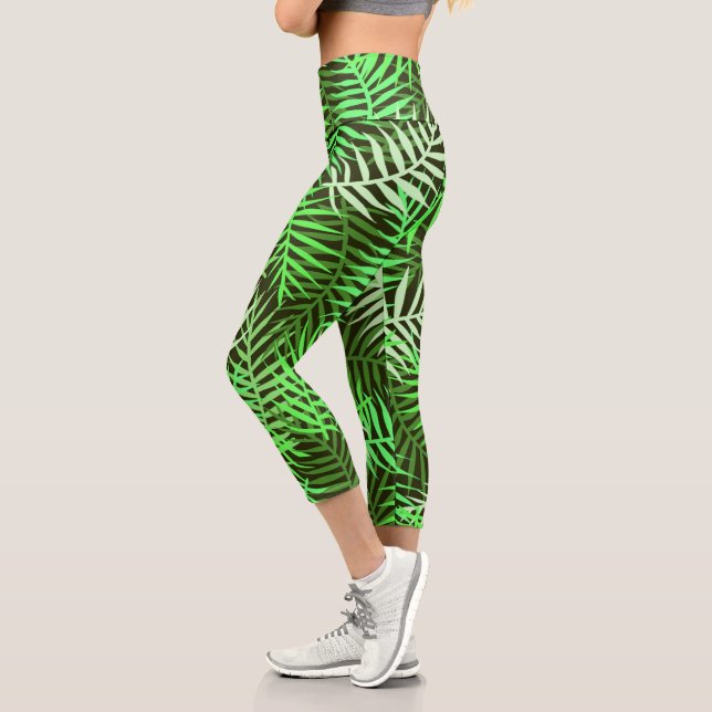 Trendy Tropical Palm Leaves Green Leaf Pattern Capri Leggings (Left)