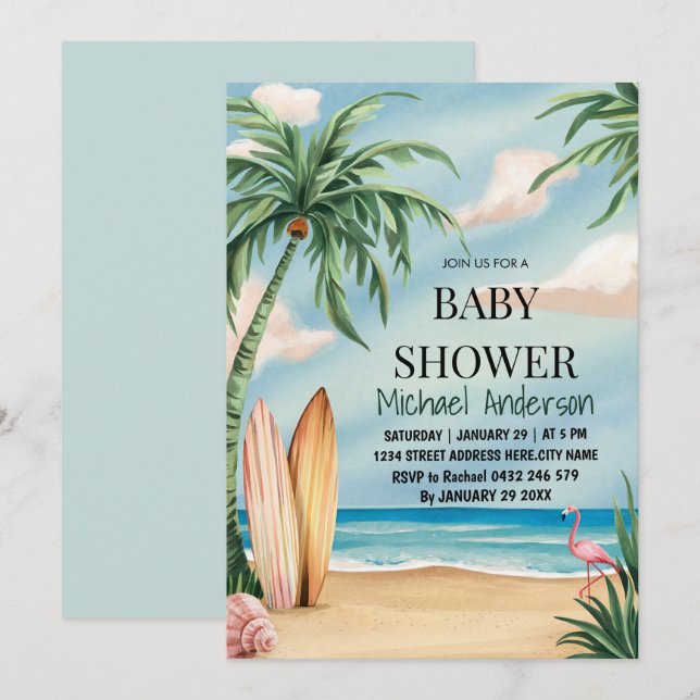 Trendy tropical Summer surfing Beach Baby Shower  Invitation (Front/Back)