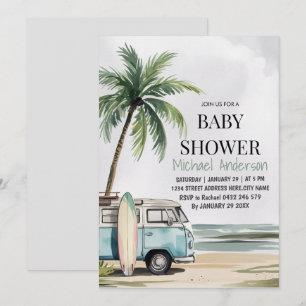 Trendy tropical Summer surfing Beach Baby Shower Invitation