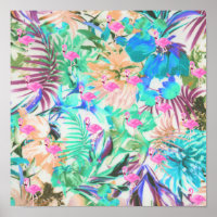 Trendy tropical teal pink floral flamingo