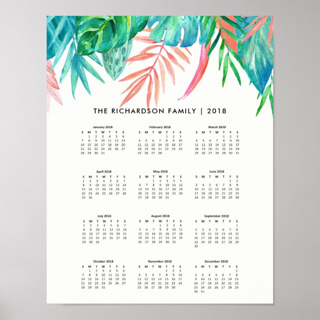 Trendy Tropical Watercolor | 2018 Calendar Poster (Front)