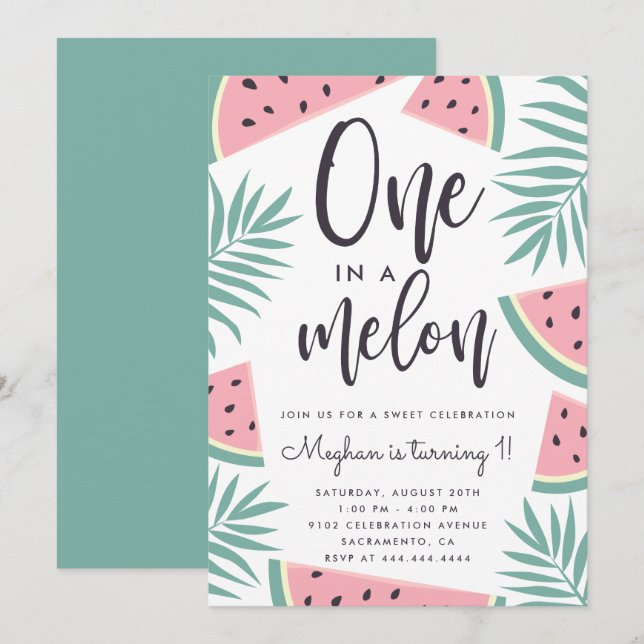 Trendy Tropical Watermelon One In A Melon Birthday Invitation (Front/Back)