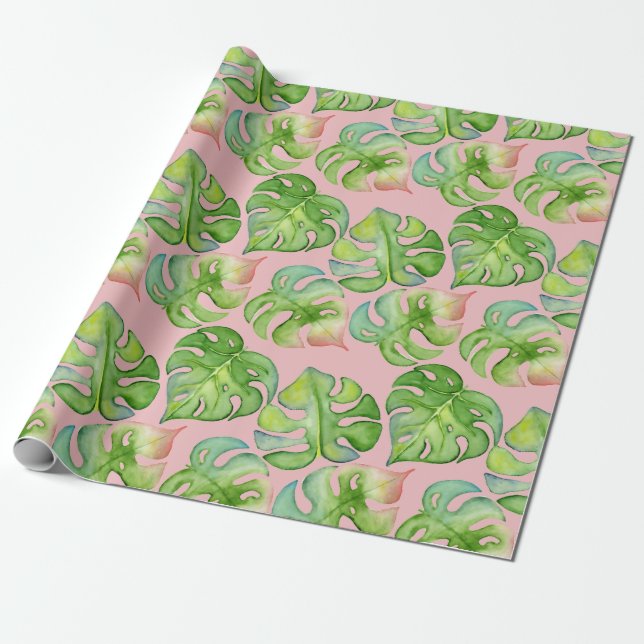 Trendy Tropicana Watercolor Monstera & Palm Leaves Wrapping Paper (Unrolled)