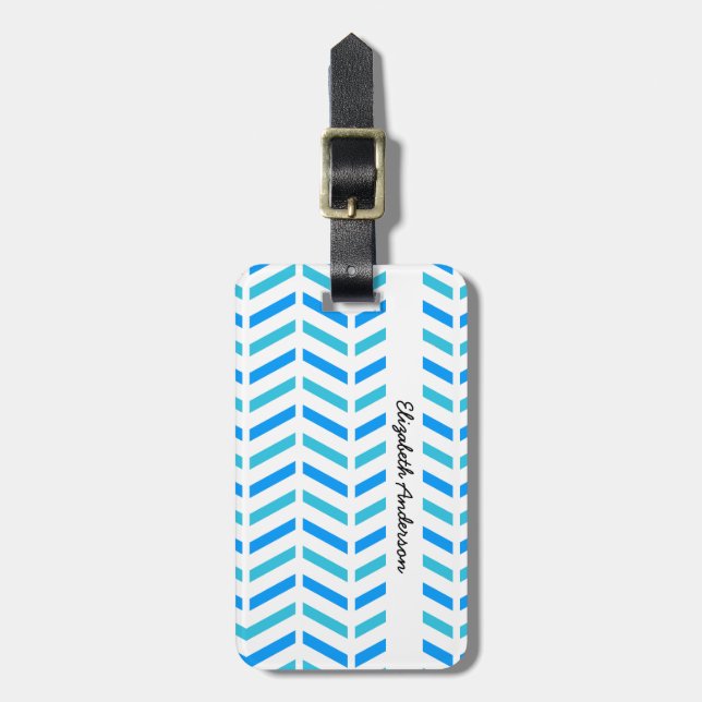 Trendy Turquoise and White Chevron Pattern Luggage Tag (Front Vertical)