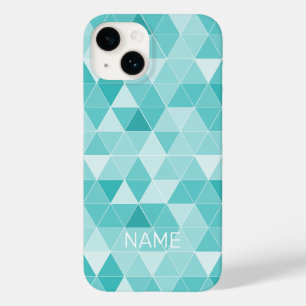 Trendy turquoise blue geometric print custom name Case-Mate iPhone 14 case