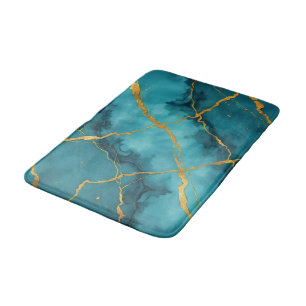 Trendy Turquoise Blue Gold Marble Collection Bath Mat