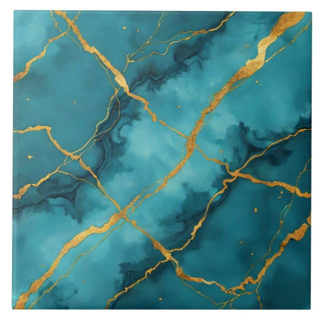 Trendy Turquoise Blue Gold Marble Collection Ceramic Tile (Front)
