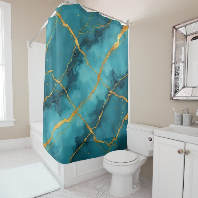 Trendy Turquoise Blue Gold Marble Collection Shower Curtain (In Situ)