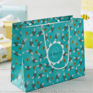 Trendy Turquoise Buzzing Spring & Summer Honeybee Large Gift Bag