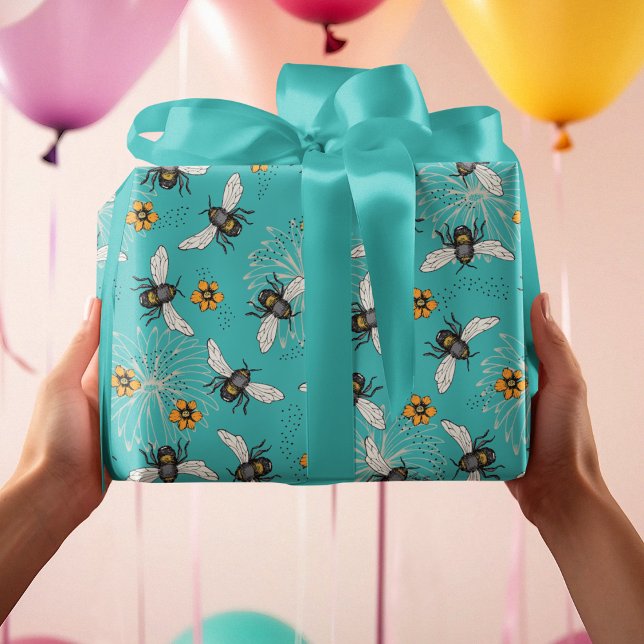 Trendy Turquoise Buzzing Spring & Summer Honeybee  Wrapping Paper (Fun Turquoise bees buzzing around Cosmos and Daisy flowers. Perfect paper to have for all occasions!)