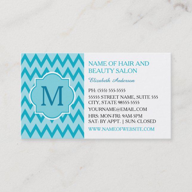 Trendy Turquoise Chevron Zigzag Monogram Boutique Business Card (Front)
