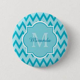 Trendy Turquoise Chevron Zigzag Name and Monogram 6 Cm Round Badge