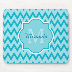 Trendy Turquoise Chevron Zigzag Name and Monogram Mouse Pad