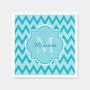 Trendy Turquoise Chevron Zigzag Name and Monogram Napkin