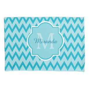Trendy Turquoise Chevron Zigzag Name and Monogram Pillowcase