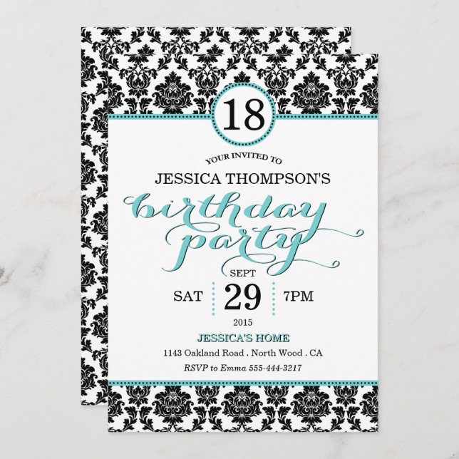 Trendy Turquoise Damask Birthday Party Invitations (Front/Back)