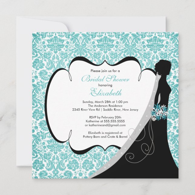 Trendy Turquoise Damask Bride Bridal Shower Invite (Front)