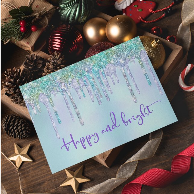 Trendy Turquoise Glitter Drips Graphic Christmas Card (Creator Uploaded)