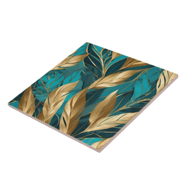 Trendy Turquoise Gold Boho Leaves Collection Ceramic Tile (Side)