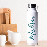 Trendy Turquoise Name Handwritten Script Custom Water Bottle<br><div class="desc">A cute personalised turquoise monogram water bottle for a girl or guy who loves simple,  handwritten gifts. Beautiful cursive script down the side of your bottle spelling out your name.</div>