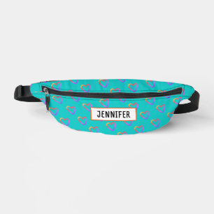 Trendy Turquoise Rainbow Heart Love Pattern Name Bum Bags