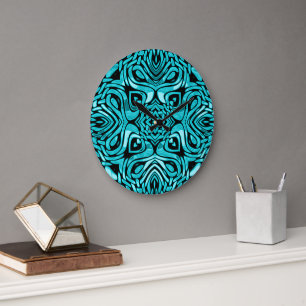 Trendy Turquoise Teal Blue Hip Bohemian Bali Art Large Clock
