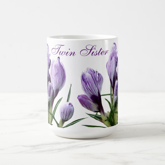 Trendy twin sister Gemini purple crocus floral  Coffee Mug (Center)