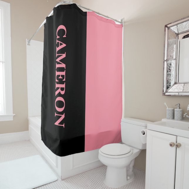 Trendy Two Colours | Name | Black and Salmon Pink Shower Curtain (In Situ)