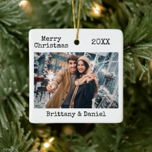 Trendy Typewriter Text Merry Christmas Photo Ceramic Ornament