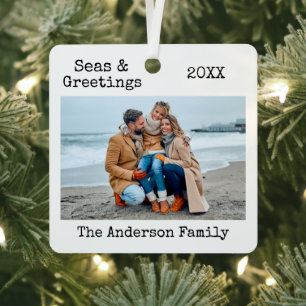 Trendy Typewriter Text Seas and Greetings Photo Metal Tree Decoration