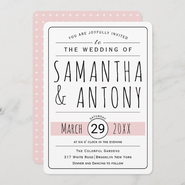 Trendy typography blush pink wedding invitation (Front/Back)