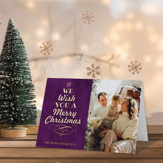 Trendy Typography Christmas Tree Photo Real Foil Holiday Card (Creator Uploaded)