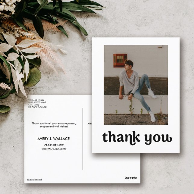 Trendy Typography Graduation photo Thank you Postcard (Modern Male Graduate Photo trendy typography Announcement postcard.)